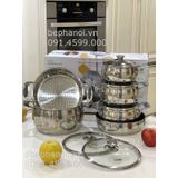  Bộ nồi inox chuyên dụng từ tính Arber new AN06V 06 món cao cấp, đáy phẳng có xửng hấp, chảo có vung kính, hình trụ tròn siêu đẹp, cực bền bỉ inox 304  gia dụng 
