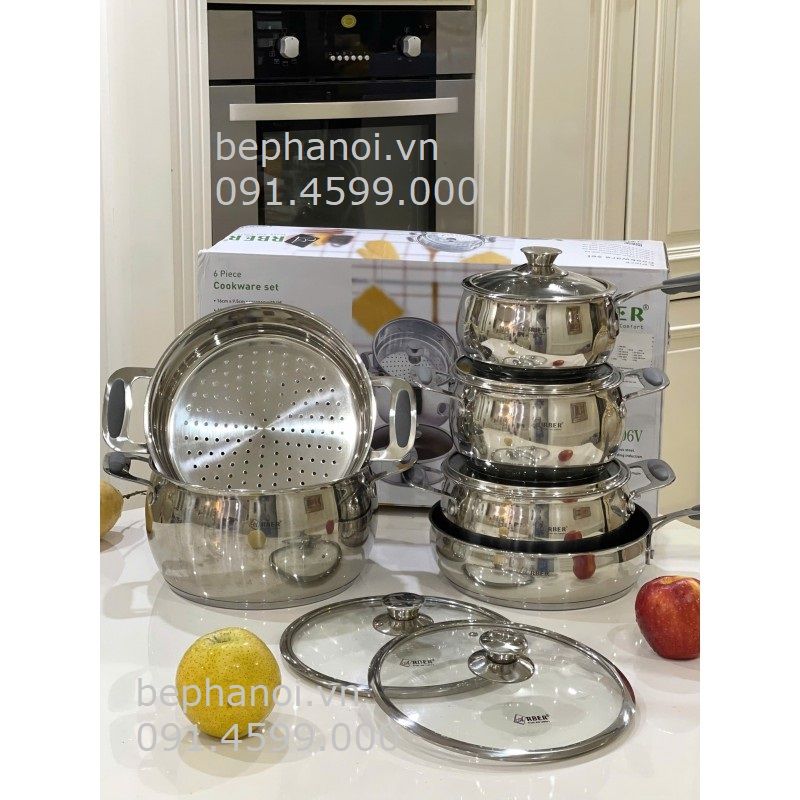  Bộ nồi inox chuyên dụng từ tính Arber new AN06V 06 món cao cấp, đáy phẳng có xửng hấp, chảo có vung kính, hình trụ tròn siêu đẹp, cực bền bỉ inox 304  gia dụng 
