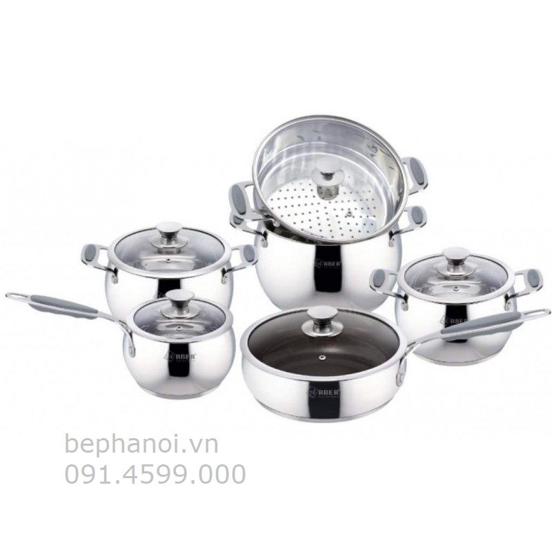  Bộ nồi inox chuyên dụng từ tính Arber new AN06V 06 món cao cấp, đáy phẳng có xửng hấp, chảo có vung kính, hình trụ tròn siêu đẹp, cực bền bỉ inox 304  gia dụng 