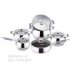  Bộ nồi inox chuyên dụng từ tính Arber new AN06V 06 món cao cấp, đáy phẳng có xửng hấp, chảo có vung kính, hình trụ tròn siêu đẹp, cực bền bỉ inox 304  gia dụng 