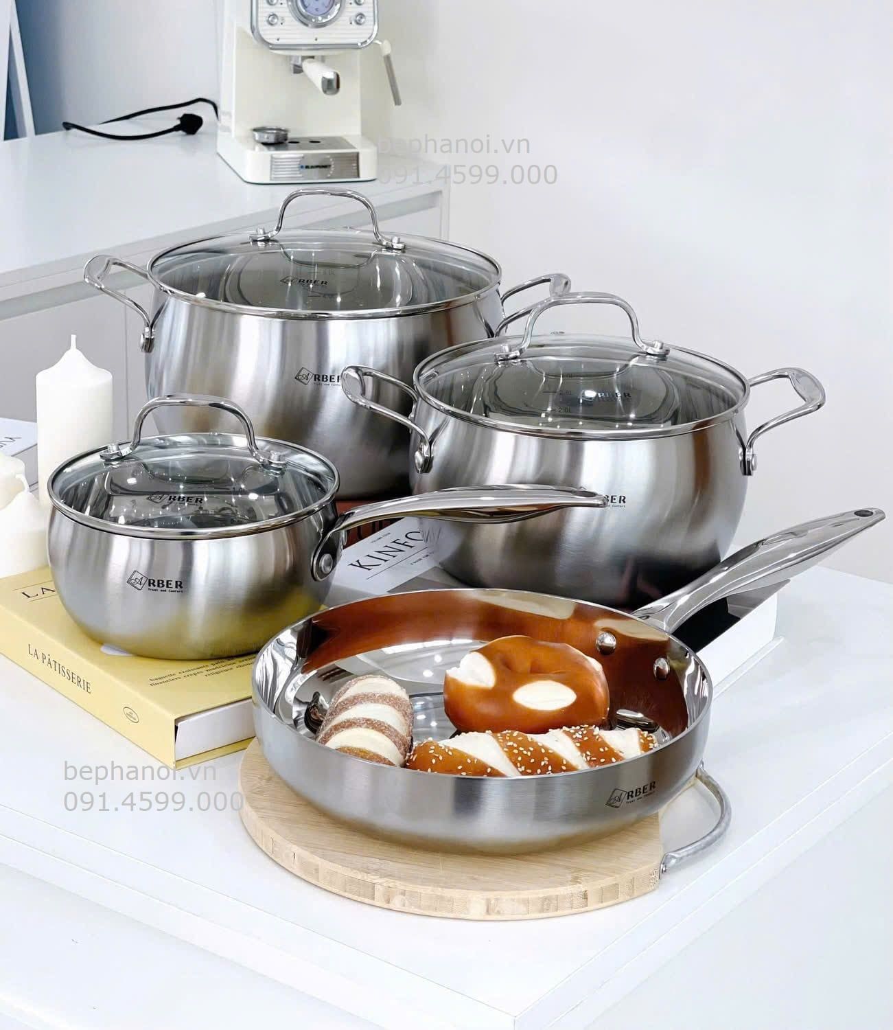  Bộ nồi inox cao cấp đáy liền Arber AN-lengend chuyên cho bếp từ Nhật, Đức, siêu tiết kiệm điện, bền bỉ 20 năm, chống oxi hóa, trắng thuần inox sang trọng, bộ sưu tập VIP 