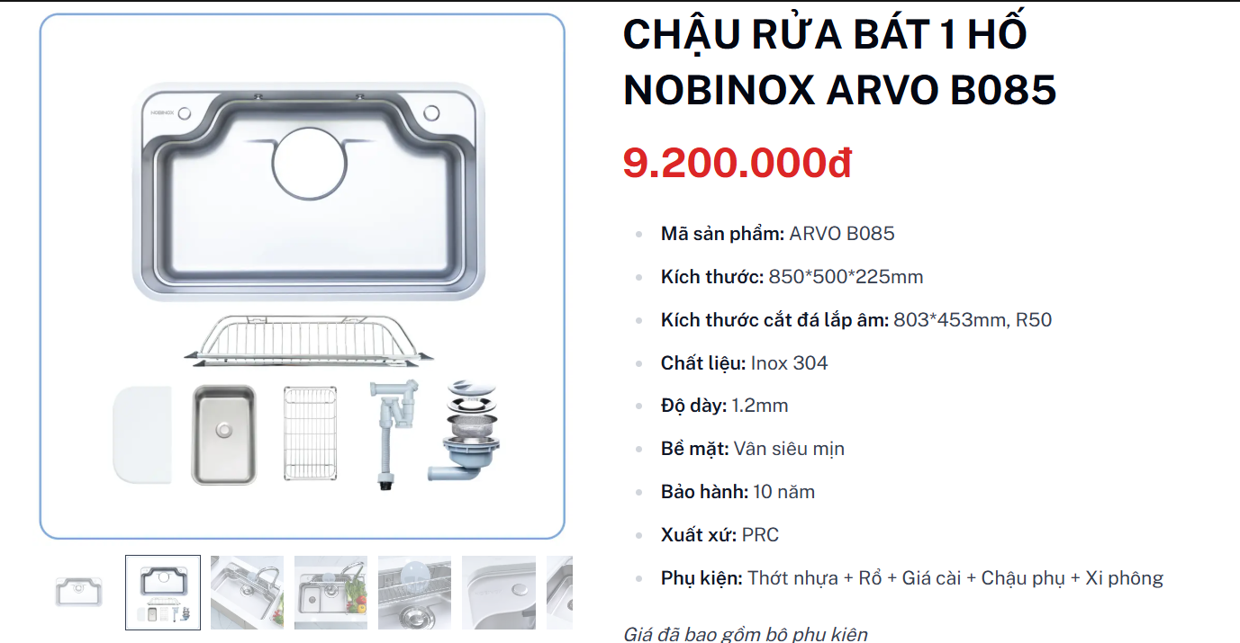  CHẬU RỬA BÁT 1 HỐ 85CM NOBINOX ARVO B085 + Tặng Vòi Nobinox Thuỵ Sỹ cao cấp. Lên nhà mới cùng Grapbuy Bếp Hà Nội 