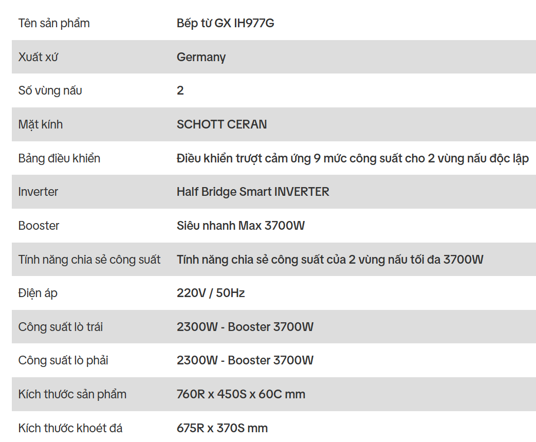  BẾP TỪ GX IH977G nhập khẩu Đức made in Germani 2 vùng nấu Kính SCHOTT CERAN, Half Bridge Smart INVERTER, Siêu nhanh Max 3700W, bảo hành 3 năm 