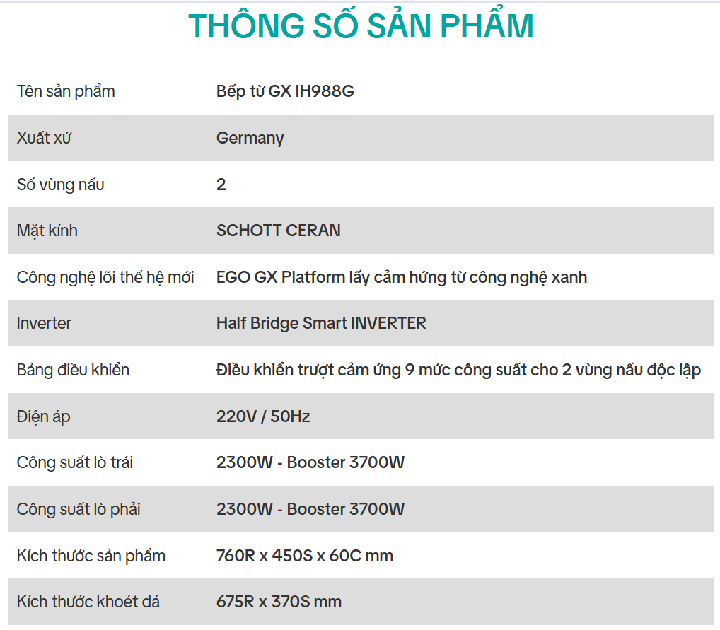  BẾP TỪ GX IH988G  nhập khẩu Đức made in Germany, Mặt kính SCHOTT CERAN cao cấp. Thiết kế vát 4 cạnh, viền hợp kim nhôm. Alloy Carbon 3D phủ Nano màu Titan, 