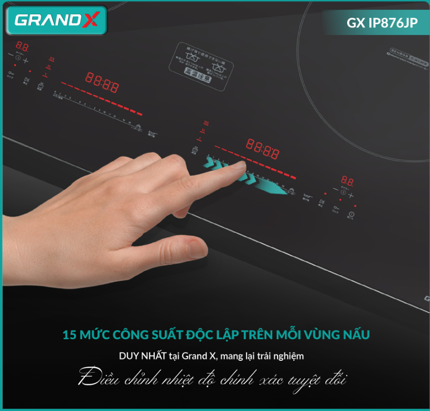  Bếp từ GrandX GX IP876JP Mặt kính SCHOOT CERAN vát 4 cạnh, viền hợp kim nhôm Alloy Carbon 3D phủ Nano màu Titan cao cấp IGBT: Infineon Germany 50A X4, IC Dual lõi kép IQ smart 