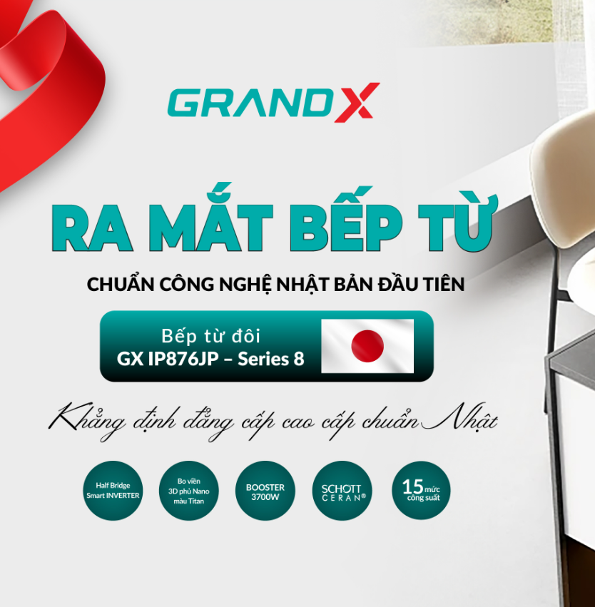  Bếp từ GrandX GX IP876JP Mặt kính SCHOOT CERAN vát 4 cạnh, viền hợp kim nhôm Alloy Carbon 3D phủ Nano màu Titan cao cấp IGBT: Infineon Germany 50A X4, IC Dual lõi kép IQ smart 