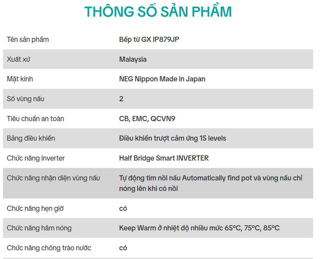  BẾP TỪ GX IP879JP kính NEG Nippon Made in Japan, Điều khiển 15 levels, Inverter, mạch Half Bridge Smart, Tự tìm nồi nấu, hẹn giờ, chức năng hâm nóng Keep Warm, chống trào nước, khóa trẻ em, tạm dừng, tự động tắt bếp khi không có nồi 