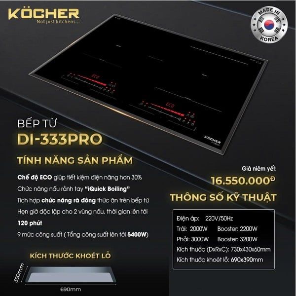  Bếp từ Hàn Quốc Kocher DI 333 Pro bản cao cấp, siêu bền bỉ, công suất lớn 3200w/ vùng phải, 2200w vùng trái, Tổng 5000w, 3 quạt lồng sóc tản nhiệt vip, tự tắt bếp, báo nhiệt dư, chống cháy, khoá trẻ em, rã đông thực phẩm 