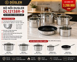  Bộ Nồi Đức Dusler DL12138R-9 Chính Hãng – Inox 304 Cao Cấp, 4 nồi 1 chảo, 9 món , Satin cao cấp. Dùng Cho Mọi Loại Bếp 