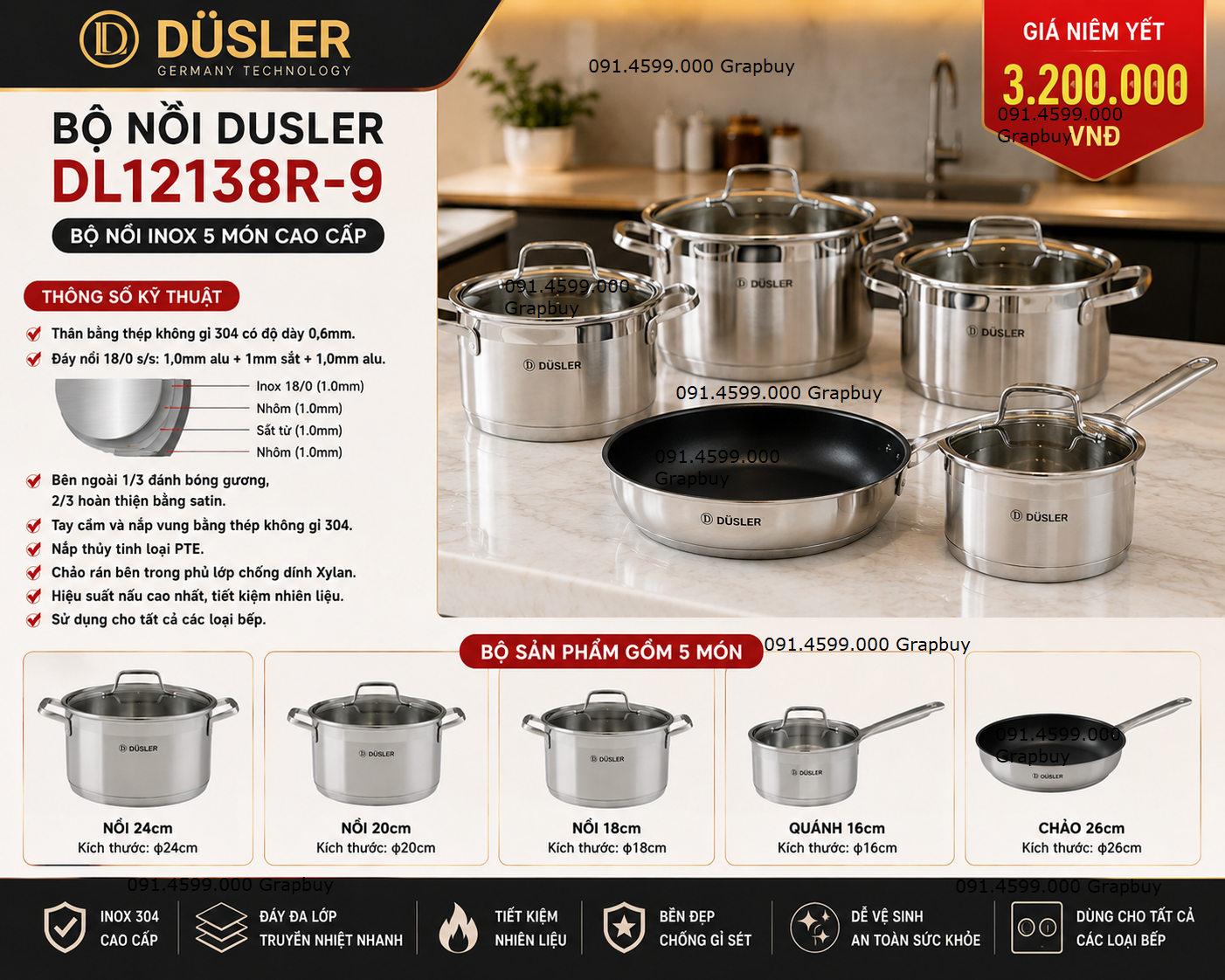  Bộ Nồi Đức Dusler DL12138R-9 Chính Hãng – Inox 304 Cao Cấp, 4 nồi 1 chảo, 9 món , Satin cao cấp. Dùng Cho Mọi Loại Bếp 