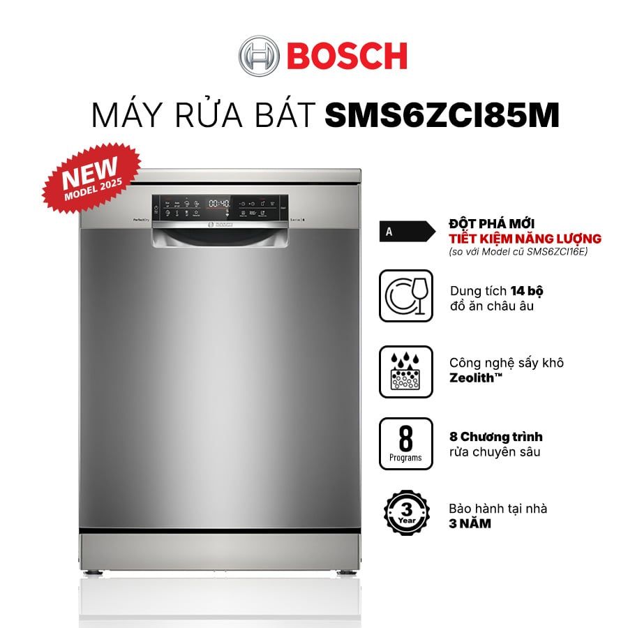  Máy rửa bát Bosch SMS6ZCI85M  Series 6 của thương hiệu Bosch, công nghệ sấy đá nóng Zeolith,  VarioSpeed Plus tăng tốc độ rửa bát, Intensive Zone rửa chuyên sâu, Nhập khẩu Đức 