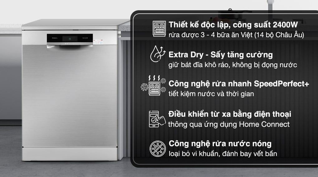  Máy rửa chén độc lập Bosch SMS8YCI01E bảo trì 10 năm, điều khiển app thông minh, sấy khô Sấy tăng cường - Extra Dry, nhập khẩu Đức 