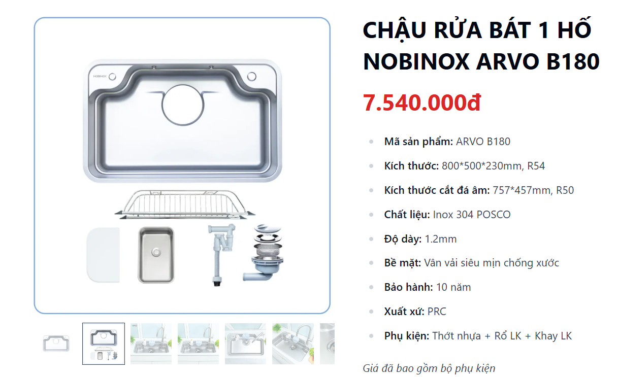  NEW CHẬU RỬA BÁT 1 HỐ NOBINOX ARVO B180 bản đủ phụ kiện. Giá tốt trong nhà Nobinox 
