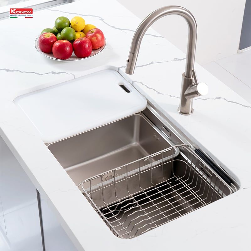  Chậu rửa bát inox 1 hố Konox KN8347SU Dekor Hà Nội, lắp âm đá, bàn đảo biệt thự 