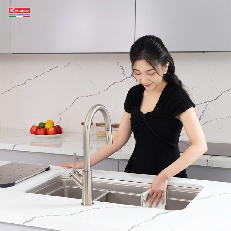  Chậu rửa bát inox 1 hố Konox KN8347SU Dekor Hà Nội, lắp âm đá, bàn đảo biệt thự 
