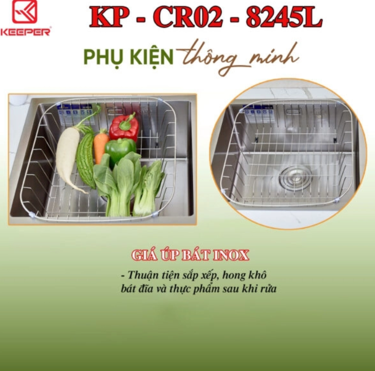  CHẬU RỬA KEEPER – CR02 – 8245L 2 hố lệch tiện dụng sus304 kèm rổ để bát 