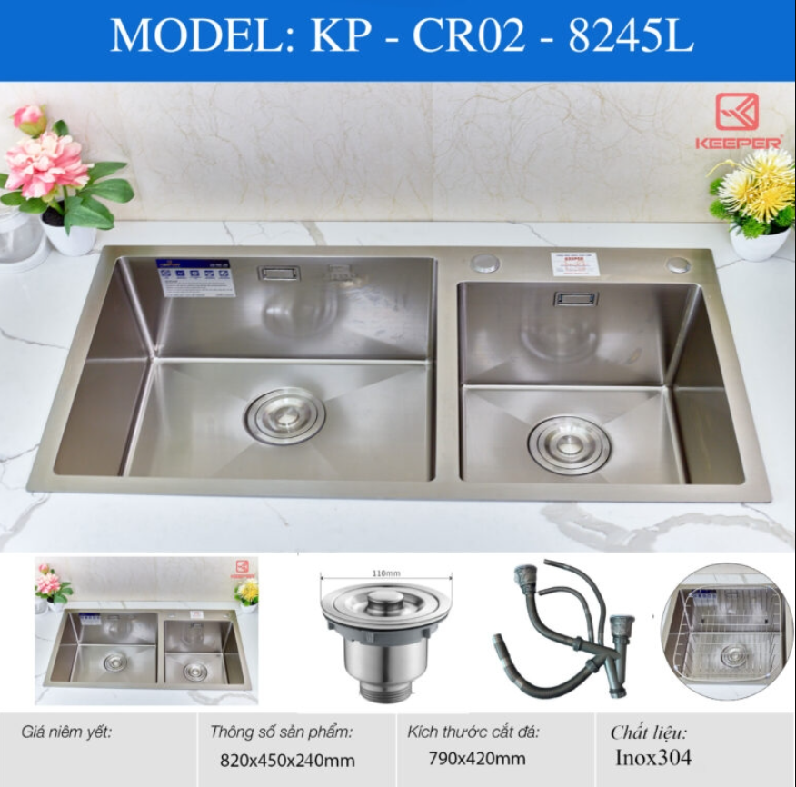  CHẬU RỬA KEEPER – CR02 – 8245L 2 hố lệch tiện dụng sus304 kèm rổ để bát 