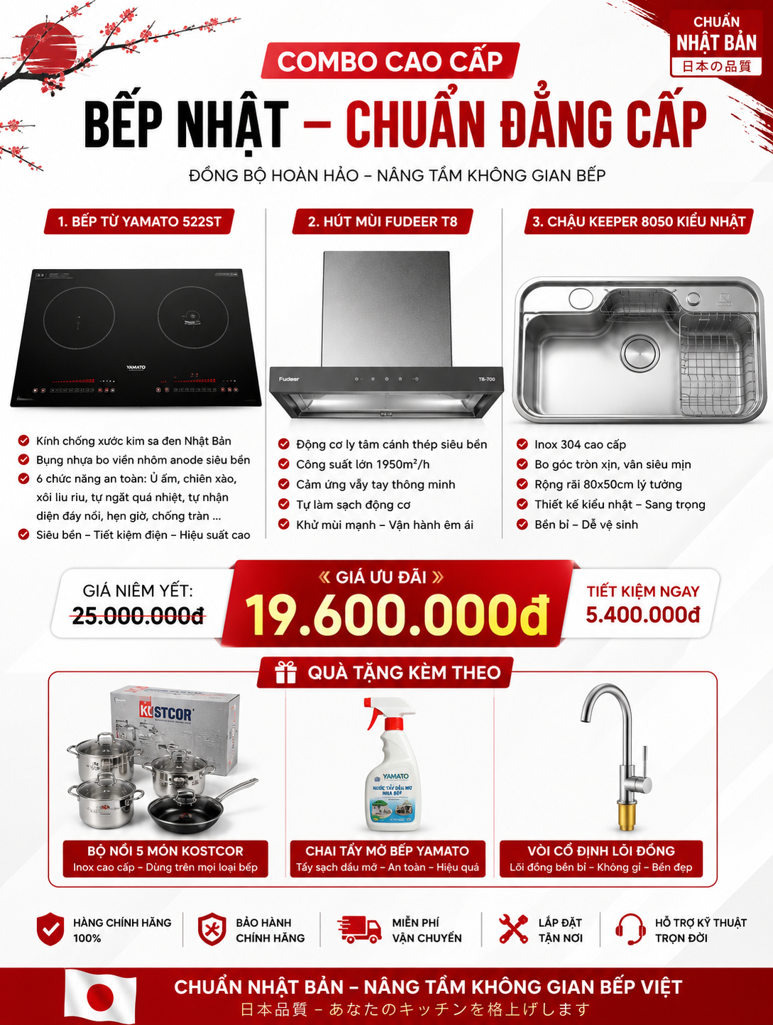 Combo căn bếp Nhật Bản 2026 cao cấp: Bếp Nhật Yamato 522st, hút mùi Fudeer T8, Chậu 1 hố kiểu Nhật Keeper 8050 kèm quà tặng lên nhà mới 