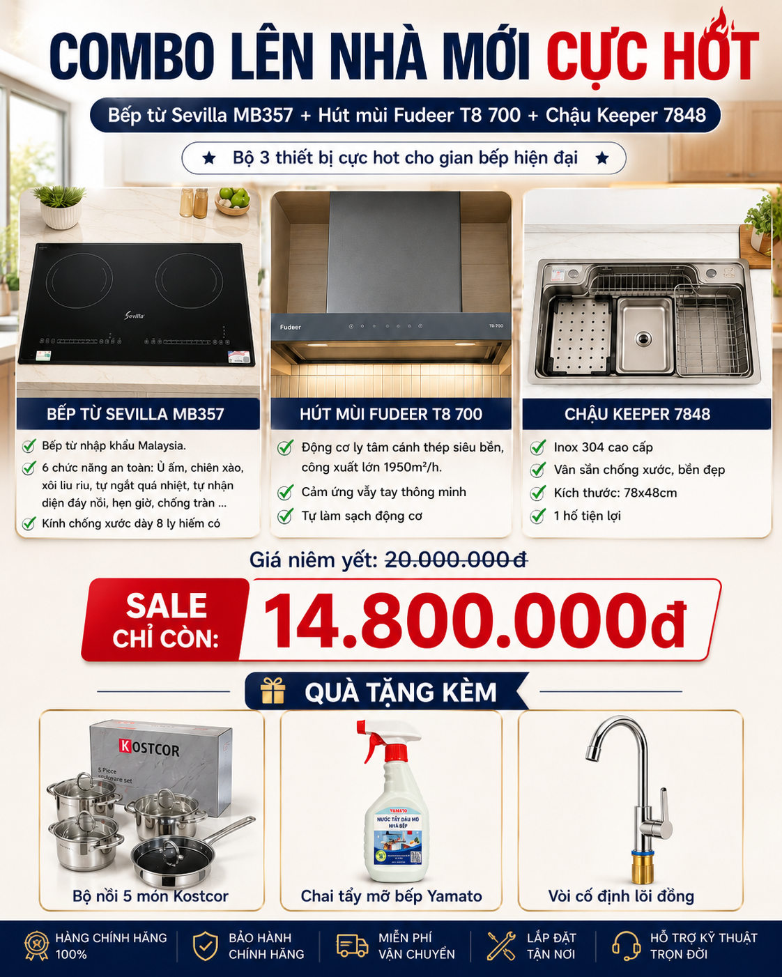  Combo lên nhà mới GrapbuyT6.1 Bếp từ Malaysia MB357 + Hút mùi Fudeer T8 + Chậu Keeper 7848 dành cho gia đình toàn diện 