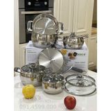  Bộ nồi inox chuyên dụng từ tính Arber new AN06V 06 món cao cấp, đáy phẳng có xửng hấp, chảo có vung kính, hình trụ tròn siêu đẹp, cực bền bỉ inox 304  gia dụng 