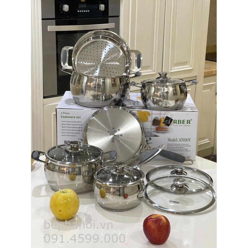  Bộ nồi inox chuyên dụng từ tính Arber new AN06V 06 món cao cấp, đáy phẳng có xửng hấp, chảo có vung kính, hình trụ tròn siêu đẹp, cực bền bỉ inox 304  gia dụng 