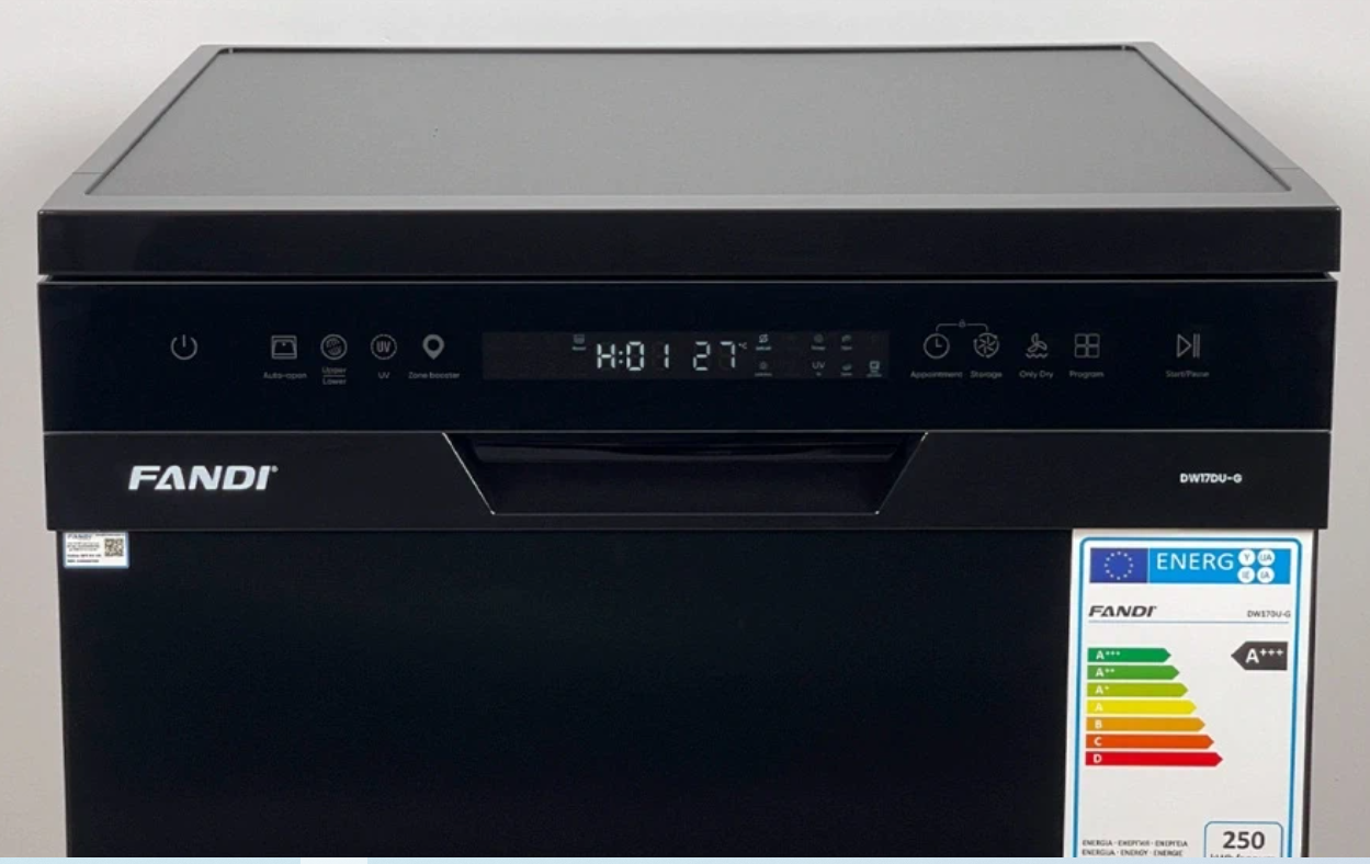  Máy rửa bát Fandi DW17DU-G Đen, 17 bộ, sấy PTC, diệt khuẩn UV, 3 giàn rửa lớn, khoang rửa inox 