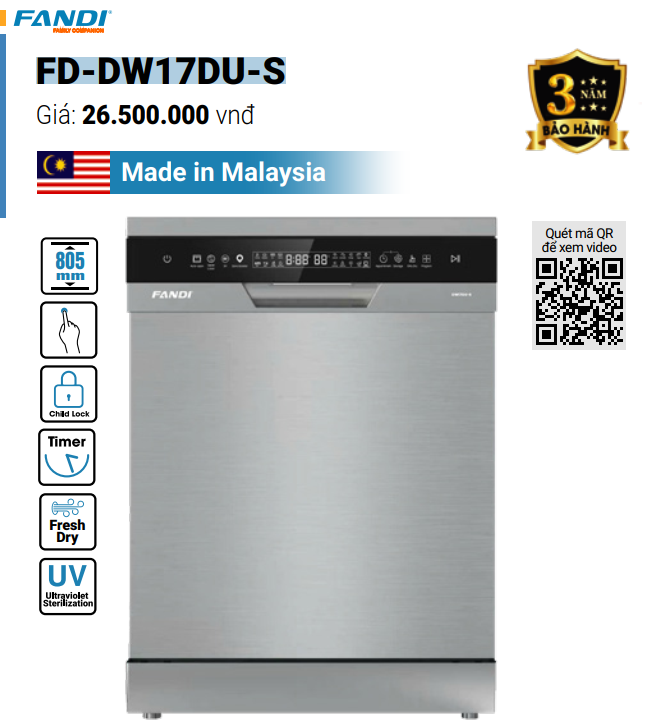  Máy rửa bát Fandi DW17DU-S màu Bạc 17 bộ rửa, thương hiệu ITALIA sản xuất Malaysia, sấy khô PTC không cần hé, diệt khuẩn UV. 