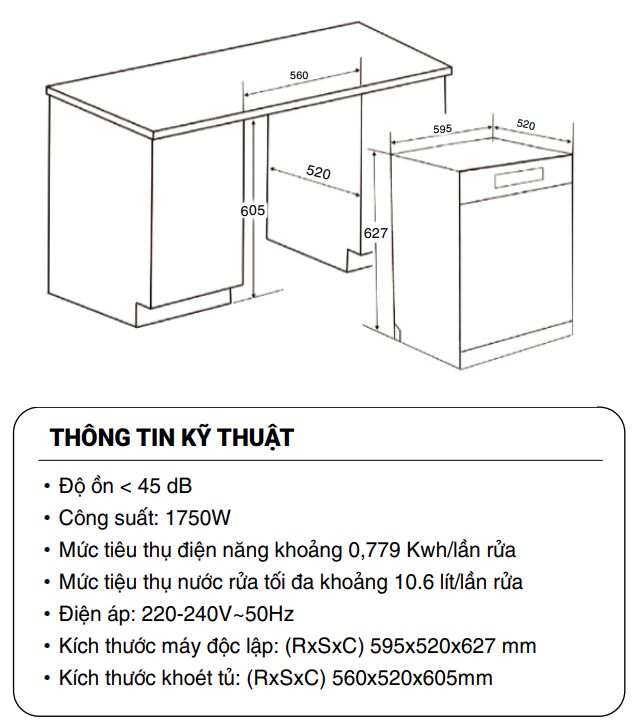  Máy rửa bát Fandi SMS8EU rửa 10 - 12 bộ, khoang inox, Rửa chuyên sâu, Rửa diệt khuẩn, Rửa hàng ngày, Rửa nhanh, Rửa thủy tinh, Rửa tiết kiệm Eco, Diệt khuẩn, Sấy tăng cường 
