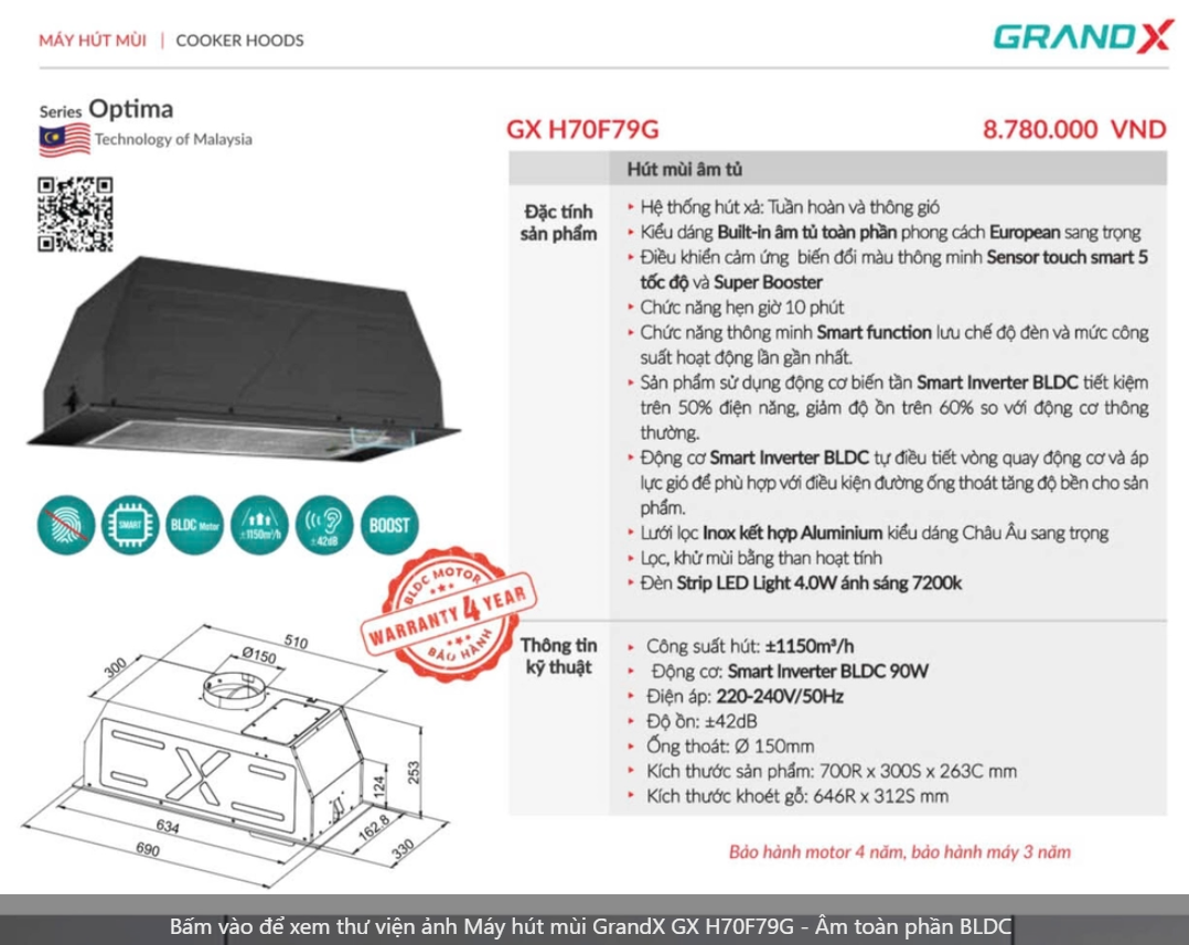 Máy hút mùi GrandX GX H70F79G - Âm toàn phần BLDC, Thiết kế âm tủ toàn phần, chức năng ghi nhớ Smart Function, hẹn giờ 10 phút, 1150 m3/h, cảm ứng 5 cấp độ 