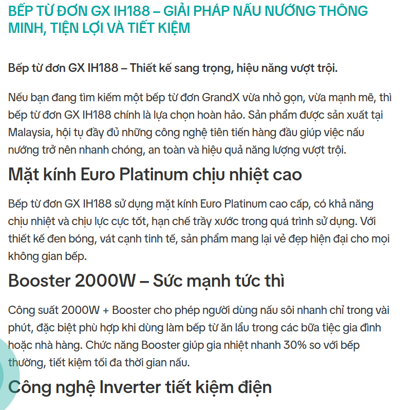  GX IH188 GrandX bếp từ đơn âm cao cấp, Malaysia, bảo vệ quá nhiệt, quá áp, Chức năng khóa trẻ em, Bảng điều khiển cảm ứng LED hiện đại, dễ thao tác với 9 mức công suất nấu + Booster 
