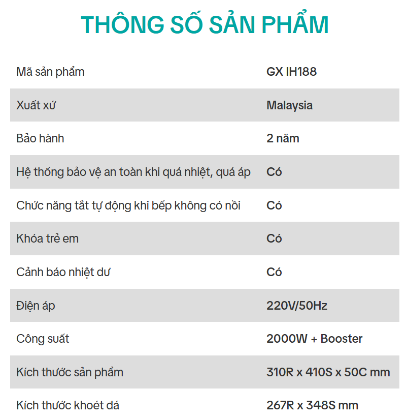  GX IH188 GrandX bếp từ đơn âm cao cấp, Malaysia, bảo vệ quá nhiệt, quá áp, Chức năng khóa trẻ em, Bảng điều khiển cảm ứng LED hiện đại, dễ thao tác với 9 mức công suất nấu + Booster 