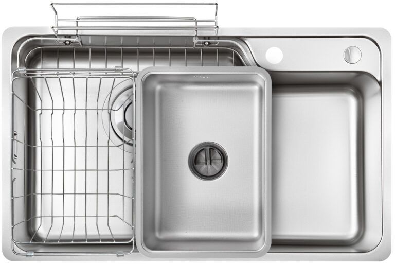  Chậu rửa inox Kluger 80cm KH8048FS – S80 Plus đầy đủ phụ kiện 01 chậu rửa + 01 bát rác + 01 Siphon + 02 giỏ inox + 01 chậu inox nhỏ., thiết kế thông minh. HARU Series. 1 hố 