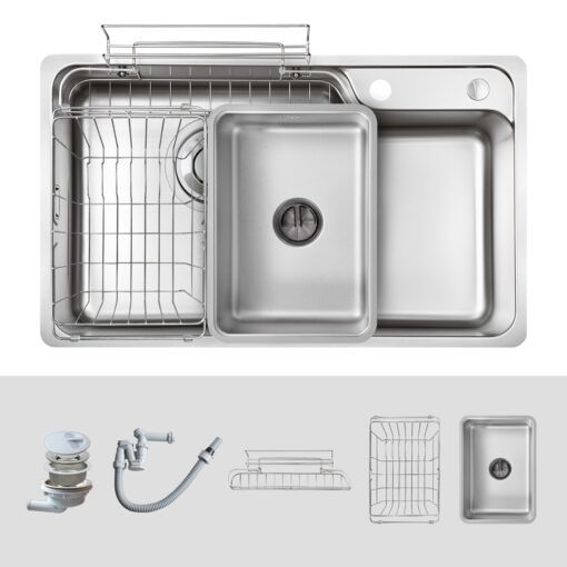  Chậu rửa inox Kluger 80cm KH8048FS – S80 Plus đầy đủ phụ kiện 01 chậu rửa + 01 bát rác + 01 Siphon + 02 giỏ inox + 01 chậu inox nhỏ., thiết kế thông minh. HARU Series. 1 hố 