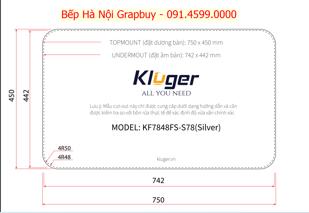  Chậu rửa bát Kluger KF7848FS – S78 Plus 2025 kích thước 78cm phổ biến mọi nhà. 1 hố tiện dụng 