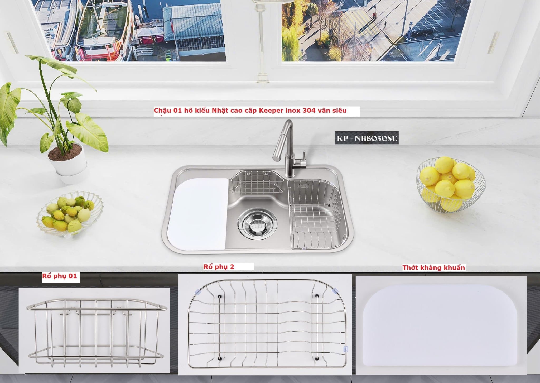  Chậu 1 hố kiểu Nhật cao cấp KP – NB8050SU Keeper rộng 80cm x 50cm , inox 304, vân chậu siêu mịn chống bám dính, siêu bền bỉ. Sử dụng cho căn bếp hiện đại 