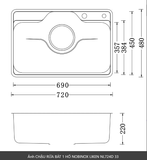  CHẬU RỬA BÁT 1 HỐ NOBINOX LIKEN NL724D GrapBuy bộ sưu tập Liken,  Inox 304 AISI 18/10, bo góc R30, chống ăn mòn & oxi hóa hoàn hảo 