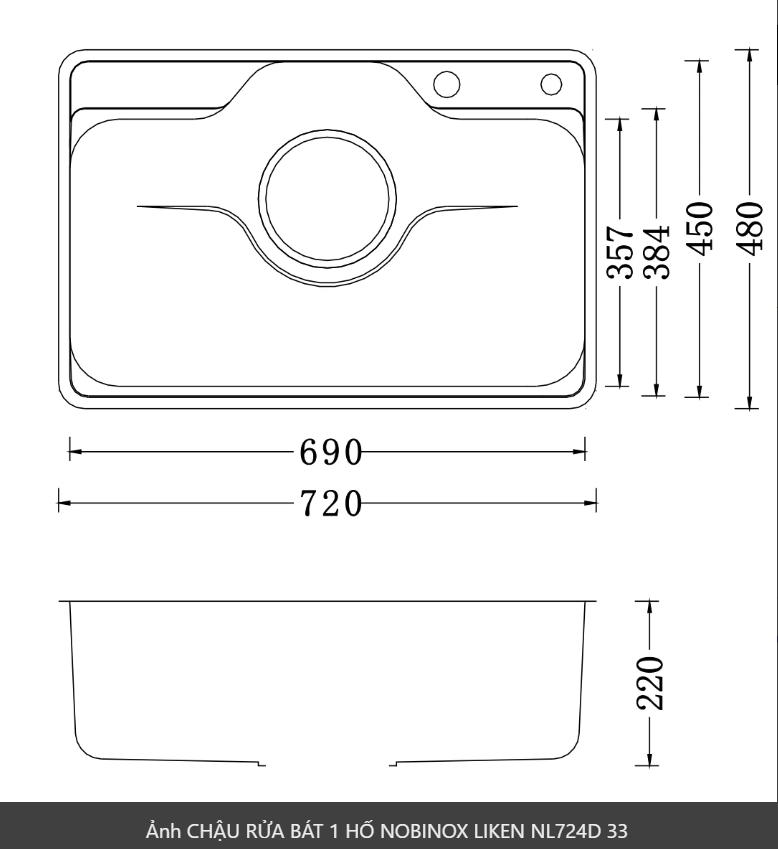  CHẬU RỬA BÁT 1 HỐ NOBINOX LIKEN NL724D GrapBuy bộ sưu tập Liken,  Inox 304 AISI 18/10, bo góc R30, chống ăn mòn & oxi hóa hoàn hảo 