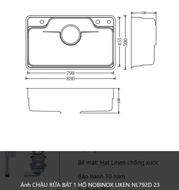  CHẬU RỬA BÁT 1 HỐ NOBINOX LIKEN NL792D 83 cm x 50 cm siêu rộng mặt siêu mịn line , độ dày tới 1.2mm 