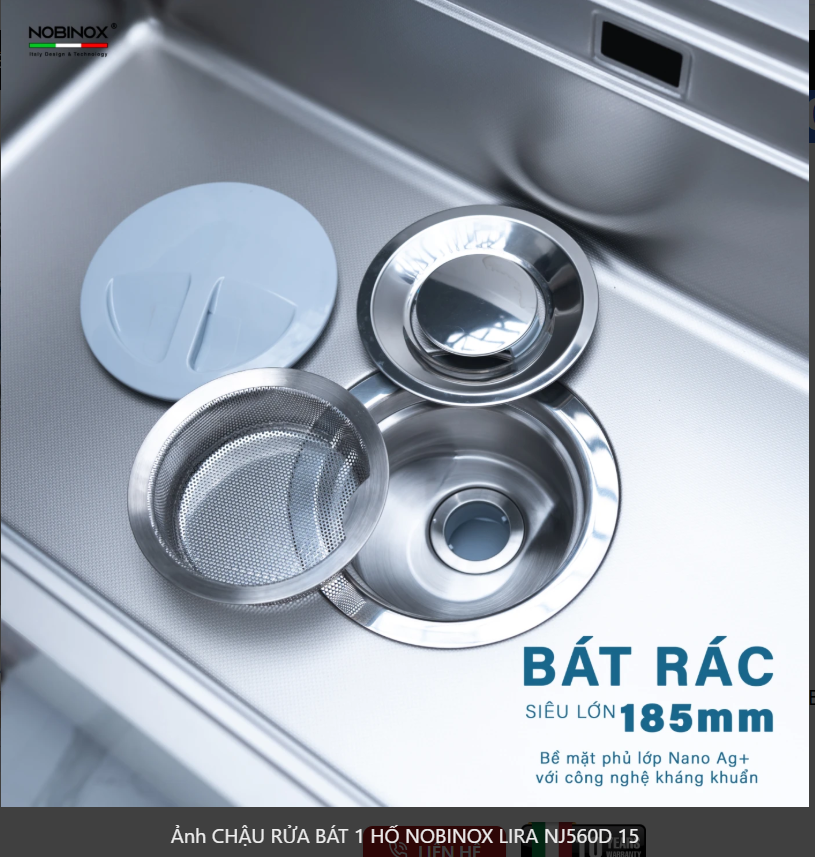  CHẬU RỬA BÁT 1 HỐ NOBINOX LIRA NJ560D Chất Liệu AISI: 304  Độ dày: 3.0+1.2mm cực  dày 3ly vân Hạt Linen chống xước Thớt gỗ + Thớt inox + Khay LK + Rổ JL + Bình đựng nước rửa bát 