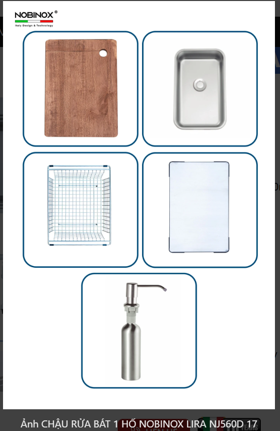  CHẬU RỬA BÁT 1 HỐ NOBINOX LIRA NJ560D Chất Liệu AISI: 304  Độ dày: 3.0+1.2mm cực  dày 3ly vân Hạt Linen chống xước Thớt gỗ + Thớt inox + Khay LK + Rổ JL + Bình đựng nước rửa bát 