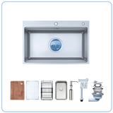  CHẬU RỬA BÁT 1 HỐ NOBINOX LIRA NJ560D Chất Liệu AISI: 304  Độ dày: 3.0+1.2mm cực  dày 3ly vân Hạt Linen chống xước Thớt gỗ + Thớt inox + Khay LK + Rổ JL + Bình đựng nước rửa bát 