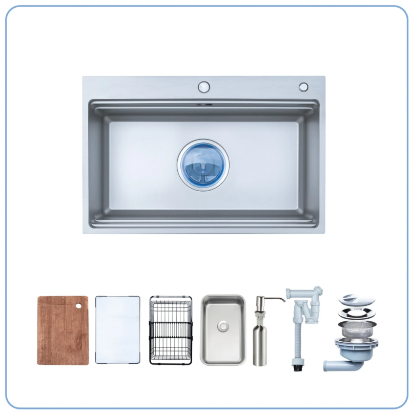  CHẬU RỬA BÁT 1 HỐ NOBINOX LIRA NJ560D Chất Liệu AISI: 304  Độ dày: 3.0+1.2mm cực  dày 3ly vân Hạt Linen chống xước Thớt gỗ + Thớt inox + Khay LK + Rổ JL + Bình đựng nước rửa bát 