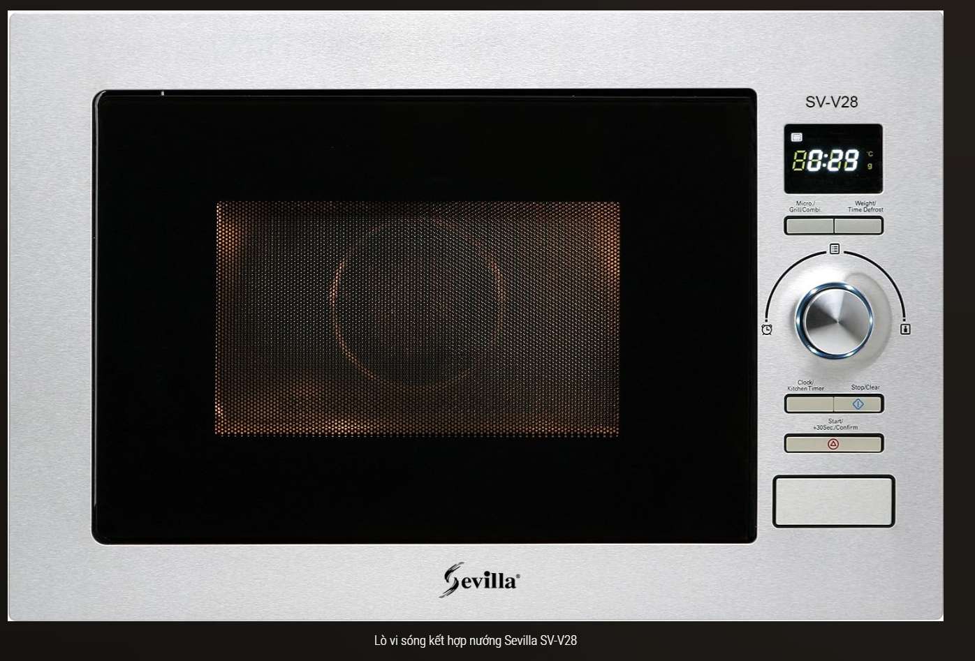 Lò vi sóng kèm nướng âm tủ Sevilla SV-V28  dung tích lớn 28L, giã đông, hâm nóng, nướng, vi sóng 5 cấp 