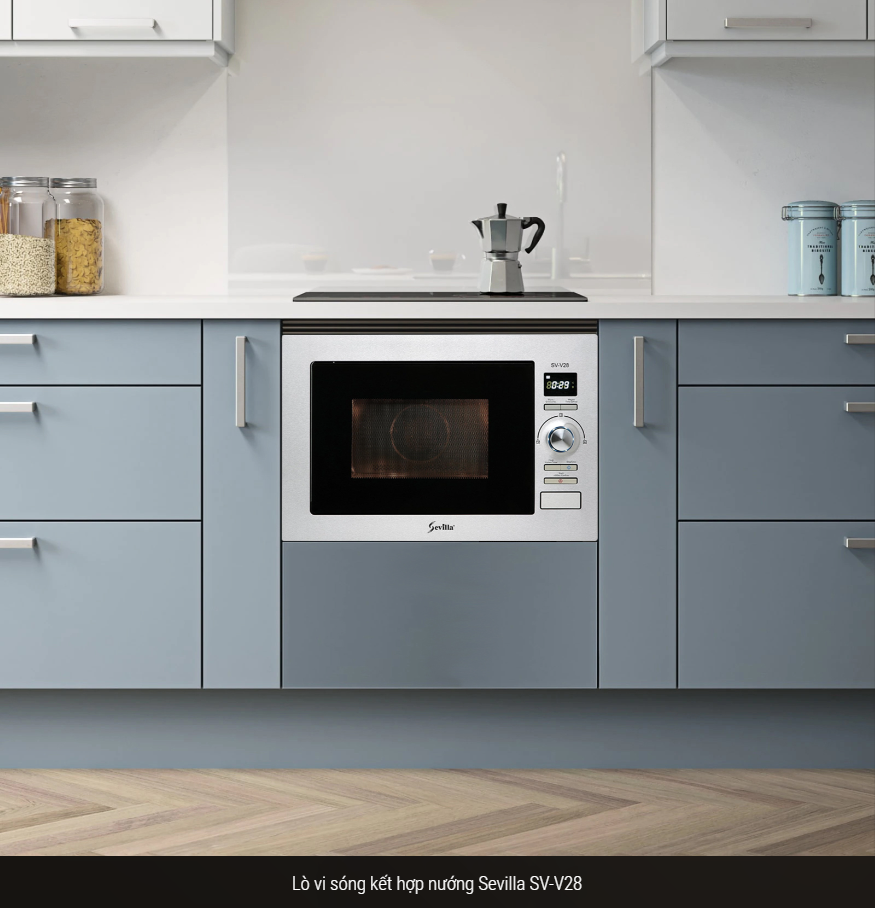  Lò vi sóng kèm nướng âm tủ Sevilla SV-V28  dung tích lớn 28L, giã đông, hâm nóng, nướng, vi sóng 5 cấp 