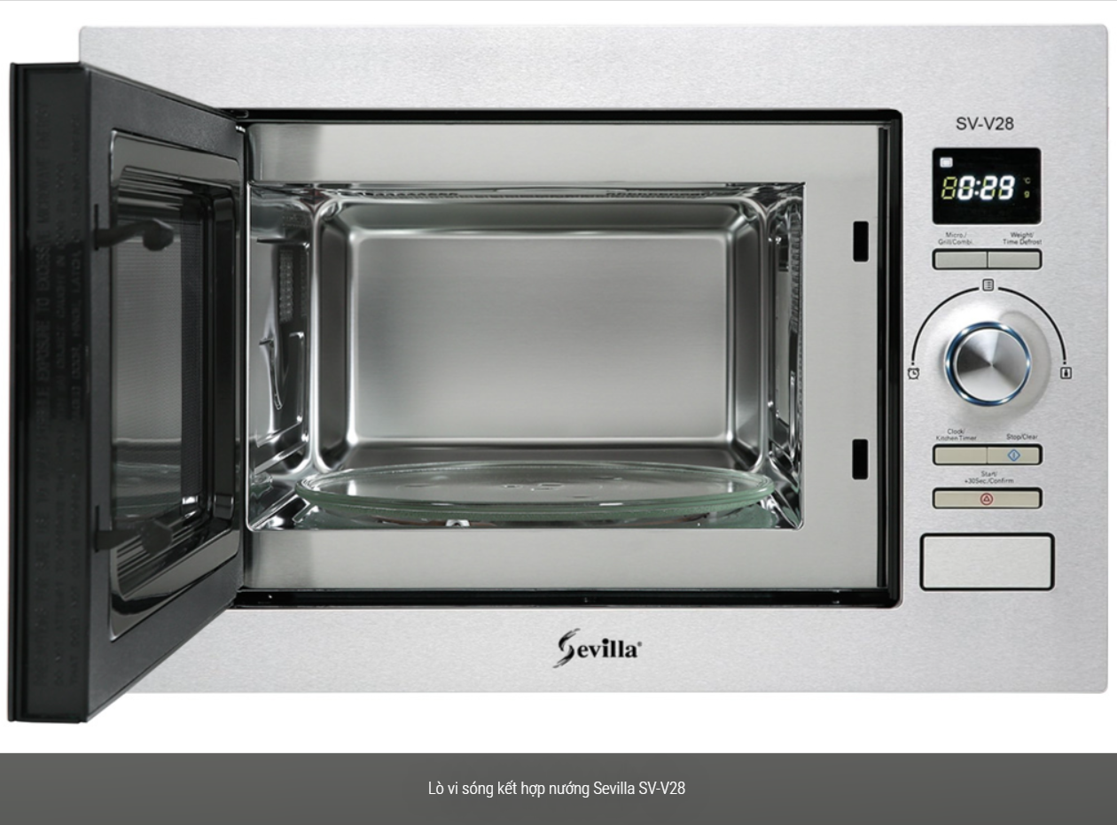  Lò vi sóng kèm nướng âm tủ Sevilla SV-V28  dung tích lớn 28L, giã đông, hâm nóng, nướng, vi sóng 5 cấp 