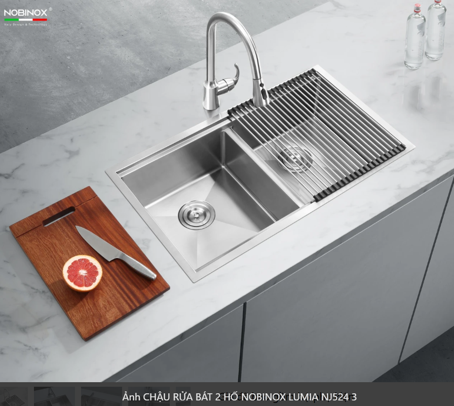 CHẬU RỬA BÁT 2 HỐ NOBINOX LUMIA NJ524 02 hố vuông cân kích thước 838 mm  x 437 mm, 83.8cm. độ dày chậu 1.2mm. inox  AISI 304 bền bỉ 