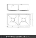  CHẬU RỬA BÁT 2 HỐ NOBINOX LUMIA NJ524 02 hố vuông cân kích thước 838 mm  x 437 mm, 83.8cm. độ dày chậu 1.2mm. inox  AISI 304 bền bỉ 