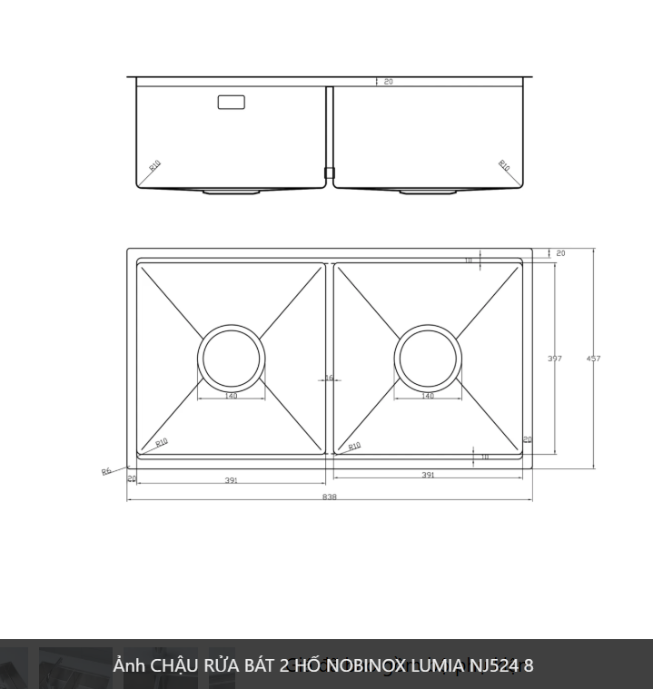 CHẬU RỬA BÁT 2 HỐ NOBINOX LUMIA NJ524 02 hố vuông cân kích thước 838 mm  x 437 mm, 83.8cm. độ dày chậu 1.2mm. inox  AISI 304 bền bỉ 