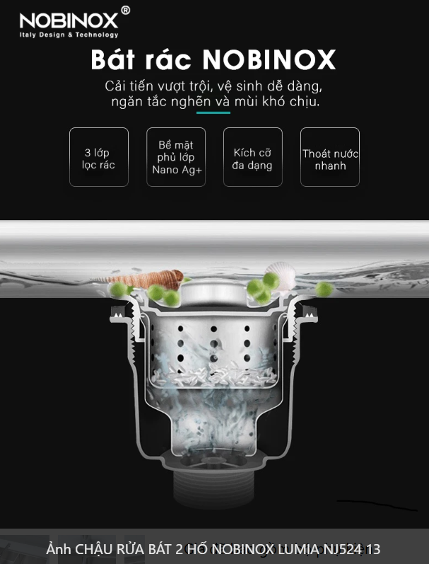  CHẬU RỬA BÁT 2 HỐ NOBINOX LUMIA NJ524 02 hố vuông cân kích thước 838 mm  x 437 mm, 83.8cm. độ dày chậu 1.2mm. inox  AISI 304 bền bỉ 