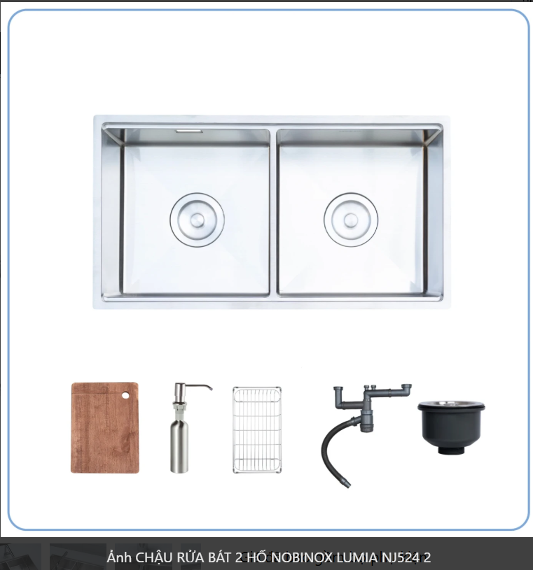  CHẬU RỬA BÁT 2 HỐ NOBINOX LUMIA NJ524 02 hố vuông cân kích thước 838 mm  x 437 mm, 83.8cm. độ dày chậu 1.2mm. inox  AISI 304 bền bỉ 